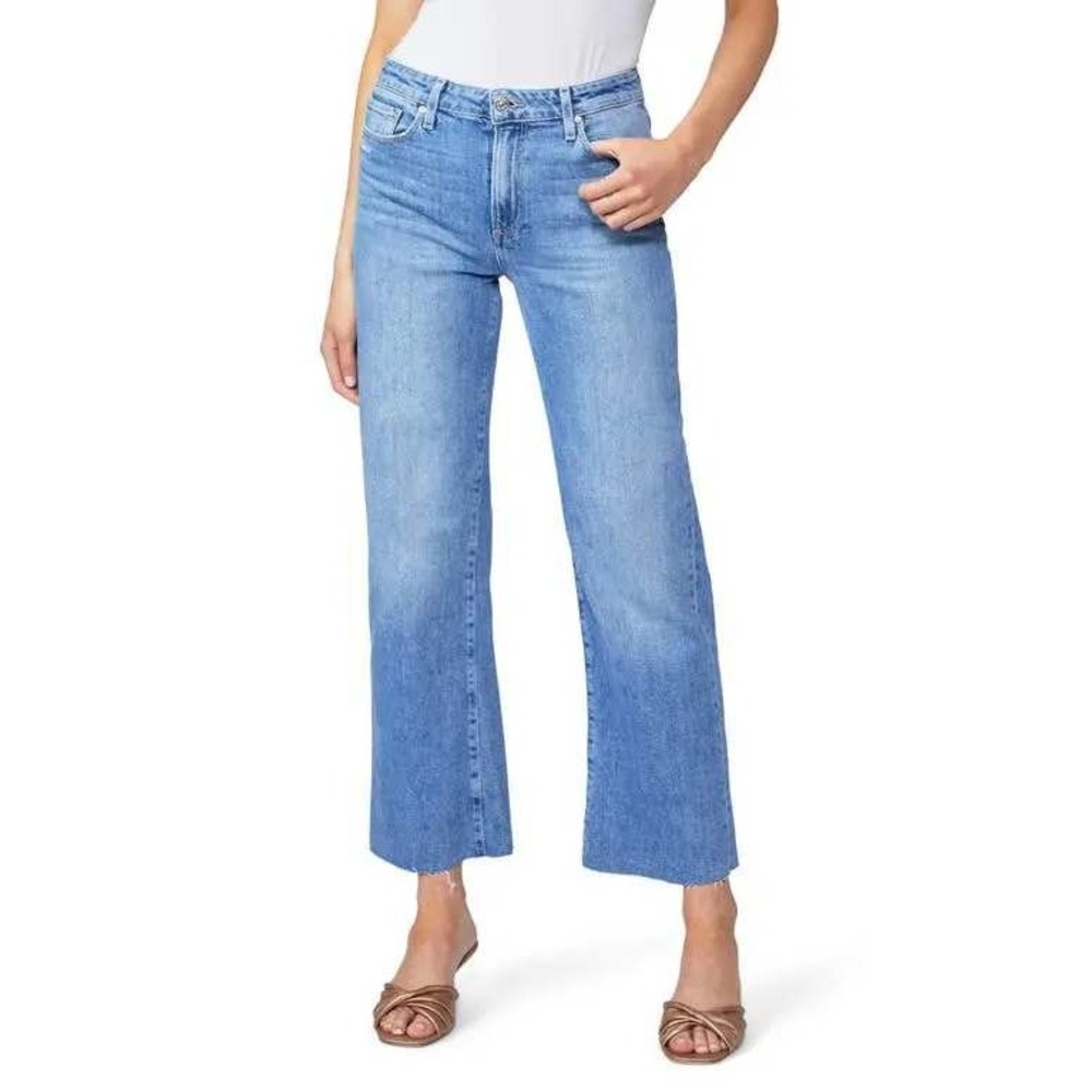 Paige Leenah Ankle Jeans Carla 28 Blue High Rise Wide Leg Raw Hem